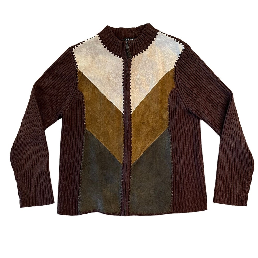 Designer Studio Original Brown Suede Patchwork Ribbed Zip Cardigan Size Large